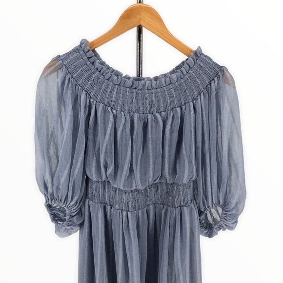 ASOS Maternity Off Shoulder Blue Stripe Mini Dress with Sheer Blouson Sleeve - Picture 4 of 14